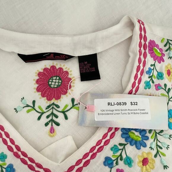 Y2K Vintage Willi Smith Peacock Flower Embroidered Linen Tunic Sz M Boho Coastal - Picture 8 of 8